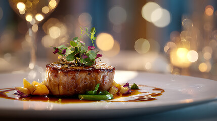 A beautifully plated gourmet steak, garnished with herbs and flowers, set against a blurred background of warm, shimmering bokeh lights, suggesting a fine dining experience.