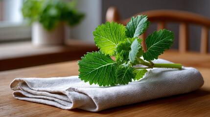Fresh Mustard Green Leaf on Linen Cloth Rustic Table Still Life