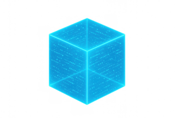 Rotating light blue cube with streaming data flow, representing technological innovation against transparent background