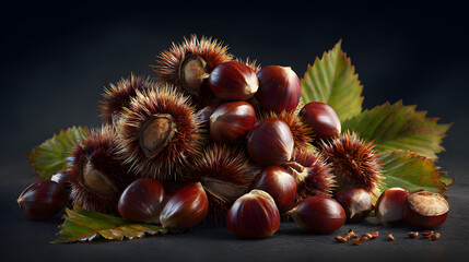 A rustic pile of chestnuts, some still encased in their spiky burrs and accompanied by green leaves, against a dark background.