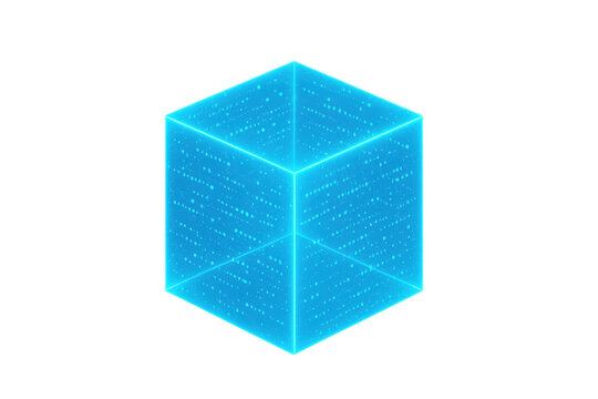 Rotating light blue cube with streaming data flow, representing technological innovation against transparent background