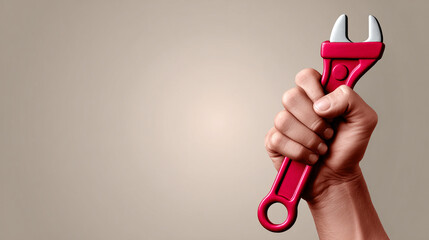 Hand Holding Red Adjustable Wrench Tool for Repair Service and Home Improvement