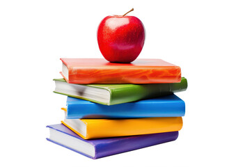 isolated stack of different colored books with apple on top, back to school concept
