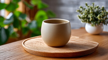 Ceramic Cup on Wooden Tray with Plant in Background Still Life