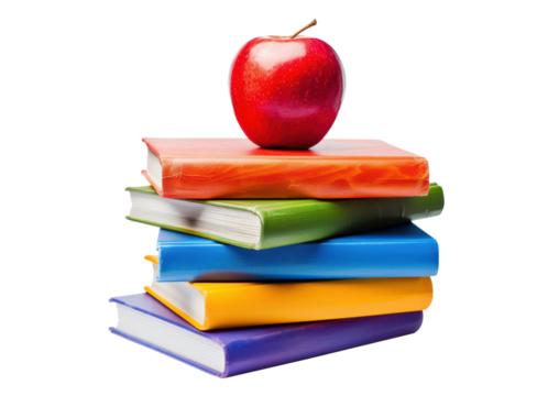 isolated stack of different colored books with apple on top, back to school concept