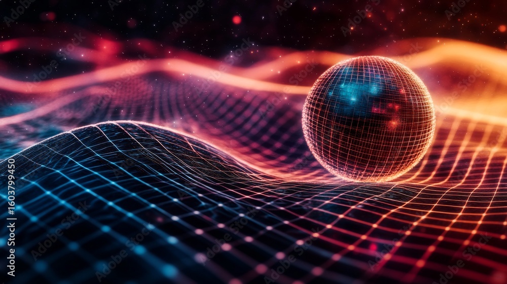 Sticker a mesmerizing digital landscape unfolds in vibrant colors. a glowing sphere hovers over flowing wave