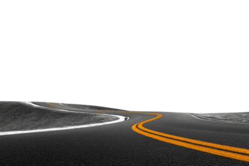 Winding asphalt road with a black background.  A grayscale landscape curves into a dark abyss.  Yellow lines mark the roadway