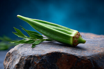 Fresh Green Okra Pod With Leaves on Stone Against a Dark Blue Background
