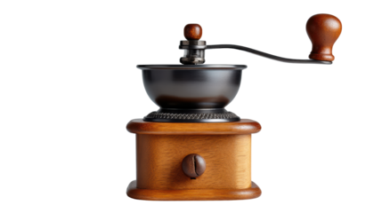Vintage coffee grinder with wooden base and metal top, isolated on white background.