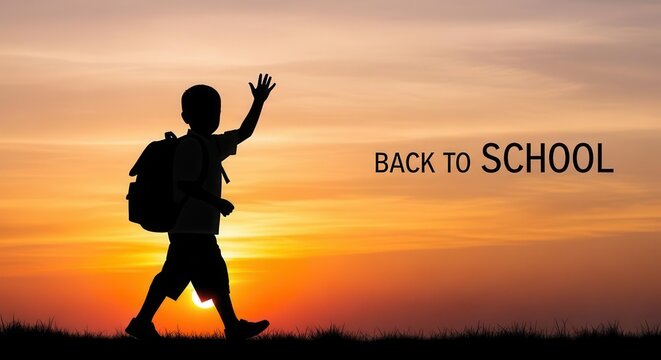 Silhouette Child Walking with Backpack During Sunset with Back to School Text