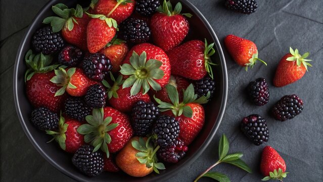 A rustic overhead shot of strawberries and blackberries in a dark bowl scattered around for a fresh fruit arrangement