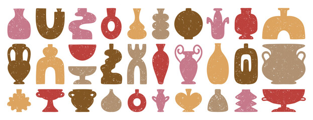 Girly pastel cute pink vases and amphorae textured boho ceramic vases trendy minimalist style. pottery icons creative trendy forms