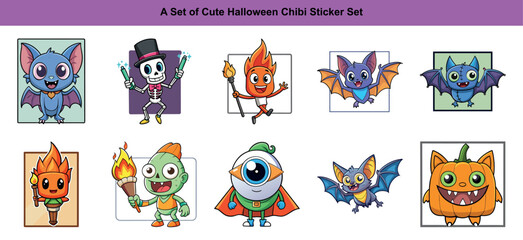 Fototapeta premium Assorted Halloween cartoon characters present various themes like bats, skeletons, pumpkins, and fire monsters