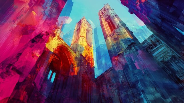 A striking view of colorful towers reaching into the sky. This image captures vibrant shades and abstract forms. Witness the beauty of architectural art. Generative AI
