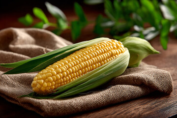 Fresh Yellow Corn Cob on Burlap Sack with Green Leaves Still Life