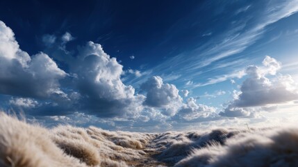 Surreal Landscape of Woolly Sheep Against Blue Sky and Clouds
