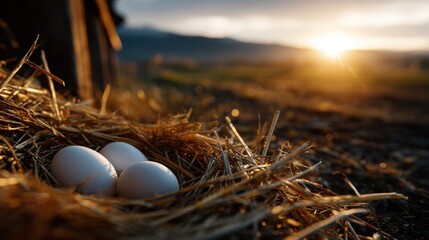 Ultra Realistic Shot of Clean Eggs Resting in Nest at Sunrise