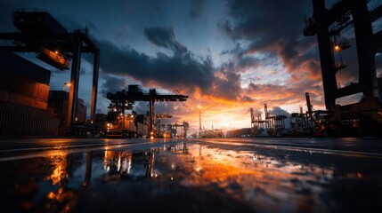 Vibrant Dusk Scene at Cargo Logistics Terminal with Reflections