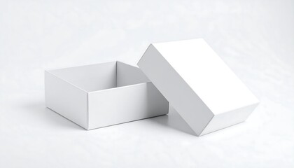 Opened blank white gift box on white backdrop.