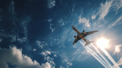Naklejka premium Airplane Cruising at High Altitude under a Blue Sky with Clouds