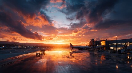Wide Angle View of Airport Operations at Twilight with Stunning Scenery