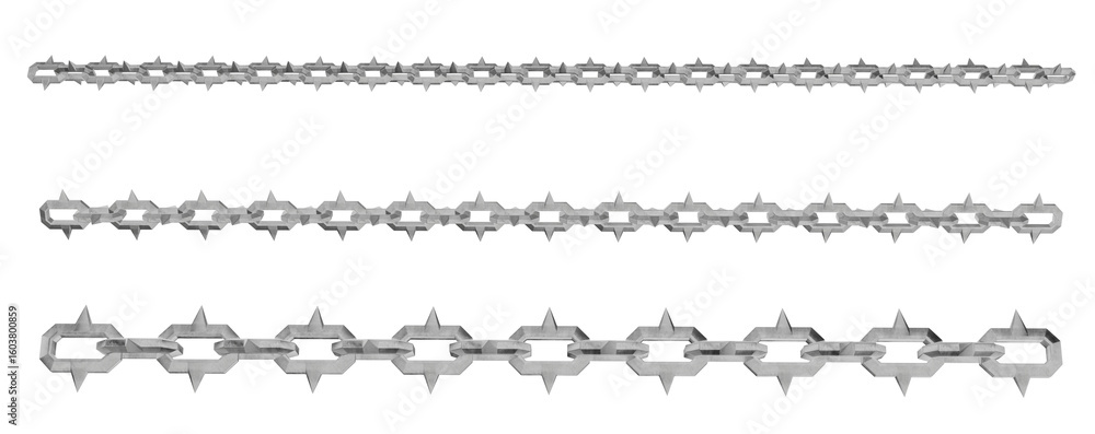 Poster 3d render showcasing multiple strands of stylized metal chains, each link featuring a distinctive sp
