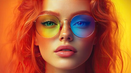 Fototapeta premium Portrait of a stylish young woman with glasses showcasing a dual color lens effect