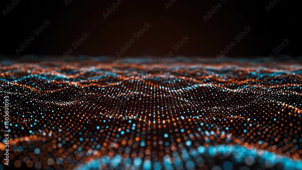 Poster an abstract digital wave background with blue and orange dots creates a futuristic and dynamic visua