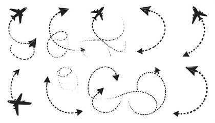 Airplane flight path icons. Set of various airplane icons with dotted flight paths