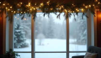 Naklejka premium Cozy view from a window decorated with a Christmas garland, looking out at a blurred snowy landscape. Holiday background with copy space