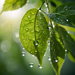 green leaf with water drops, AI generative 