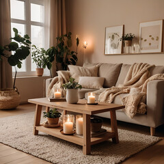 modern living room with sofa and plants , AI generative 