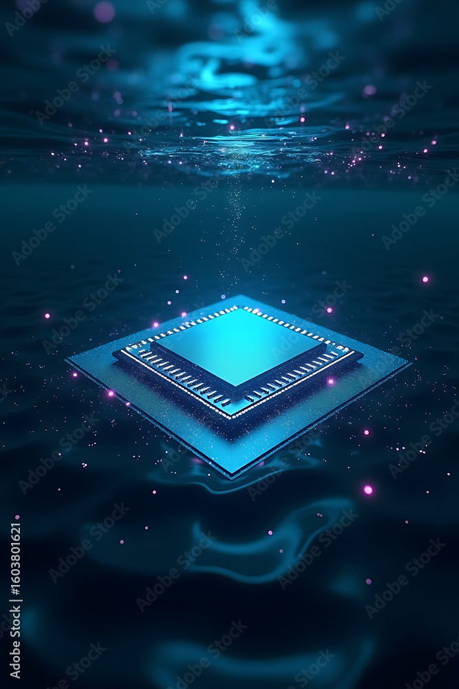 Poster submerged microchip, glowing softly, rests on the ocean floor, surrounded by shimmering particles.