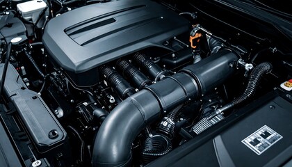 Powerful car engine with closeup, and detailed view.