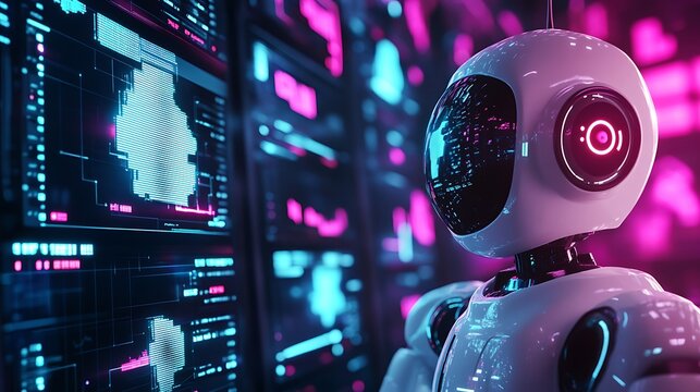 Vibrant dashboard with lively robot agents enhancing AI-driven work generation