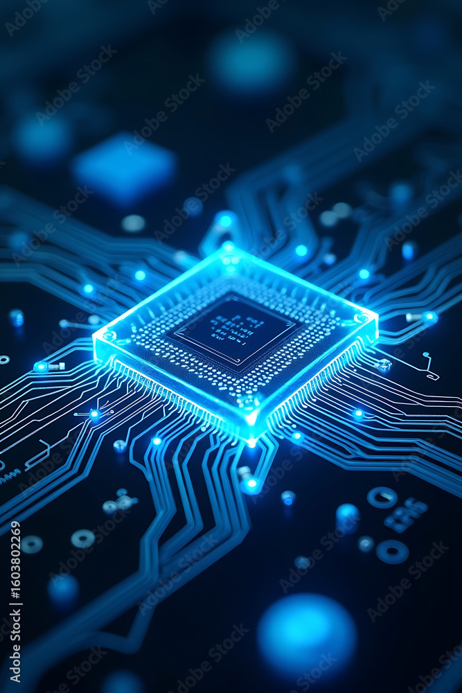 Poster illuminated circuit board with a central glowing processor, showcasing digital technology.