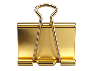 Gold Metal Binder Clip Isolated on White Background PNG