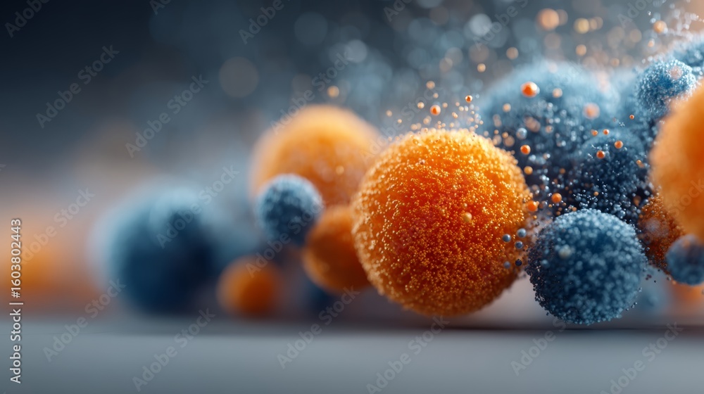Poster abstract image showing textured orange and blue spheres in a dynamic, floating composition with a so