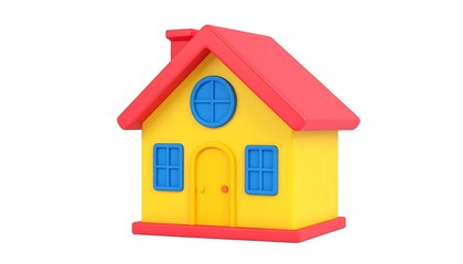 A simple, colorful, 3D model of a house.  Bright, childlike design