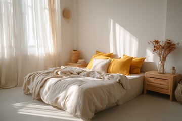 Serene bedroom oasis bathed in warm sunlight, featuring cozy linen bedding and golden accent pillows for ultimate relaxation and comfort.
