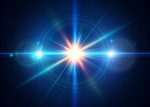 Bright starburst lens flare with blue and orange hues