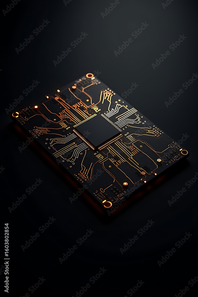 Poster a close-up view of a detailed circuit board with a central processor on a dark background.