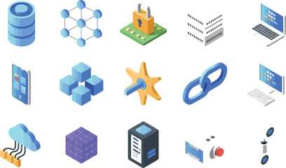 Isometric illustrations of data storage and networking components set up