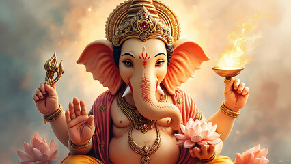 Watercolor Realistic Ganpati Radiant Form in Royal Aura,A Majestic Portrait of Ganpati with Lotus and Lamp, Showcasing Divine Blessings and Spiritual Grace of Ganesh ji.