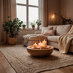 modern living room with sofa and candle, AI generative 
