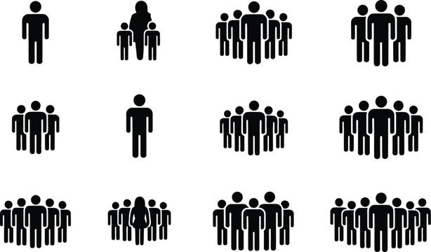 Isolated black stick figures representing individuals and groups of people