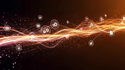 Abstract network of glowing light trails and interconnected digital icons representing data technology and communication - Powered by Adobe