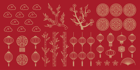 Asian Decorative Elements Vector Set – Traditional Chinese and Japanese Symbols Including Gold Floral Patterns, Lanterns, Clouds, Moon, Sakura Flowers, Bamboo, and Ornamental Festive Motifs.

