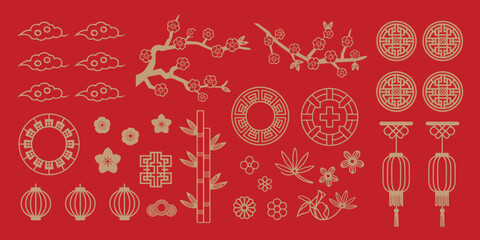 Chinese and Japanese Decoration Elements – Festive Vector Illustrations Featuring Lanterns, Moon, Clouds, Sakura Flowers, Bamboo Branches, and Ornate Floral Patterns in Traditional Asian Style.


