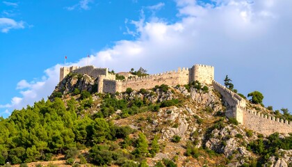 Obraz premium Ancient stone fortress on a hilltop under a partly cloudy sky